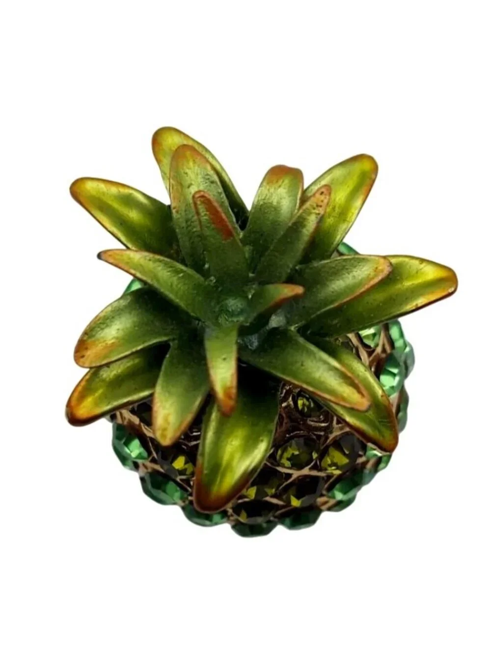Jeweled Pineapple Hinged Magnetic Trinket Box Goldtone Enamel Blue Green Crystal